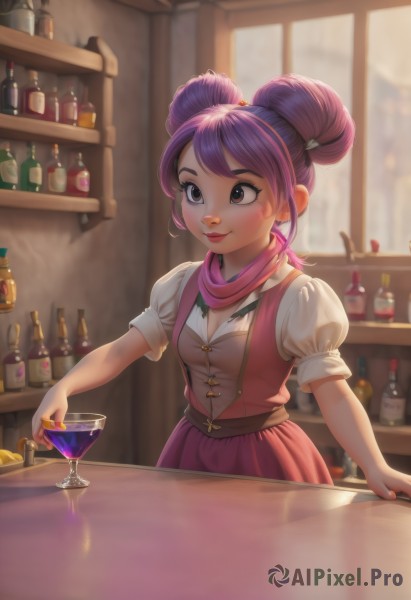 1girl,solo,breasts,smile,short hair,bangs,skirt,shirt,dress,holding,cleavage,brown eyes,medium breasts,closed mouth,white shirt,purple hair,short sleeves,hairband,small breasts,puffy sleeves,belt,artist name,indoors,hair bun,scarf,blurry,cup,puffy short sleeves,lips,neckerchief,window,double bun,makeup,blurry background,swept bangs,bottle,alcohol,drinking glass,pink skirt,nose,glass,wine glass,shelf,bar (place),counter,blush,pink hair,watermark,cocktail glass