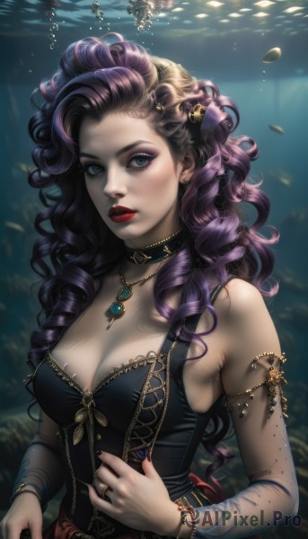 1girl,solo,long hair,breasts,looking at viewer,blush,blue eyes,hair ornament,dress,cleavage,bare shoulders,jewelry,medium breasts,green eyes,upper body,purple hair,earrings,parted lips,detached sleeves,sleeveless,choker,artist name,signature,water,necklace,nail polish,mole,black dress,bracelet,lips,see-through,eyelashes,makeup,sleeveless dress,wavy hair,black choker,drill hair,piercing,sunlight,ring,lipstick,gem,black nails,armlet,pendant,eyeshadow,freckles,fish,bubble,curly hair,underwater,red lips,air bubble,mascara,coral,large breasts,black hair,hair bow,multicolored hair,streaked hair,realistic,eyeliner,aquarium