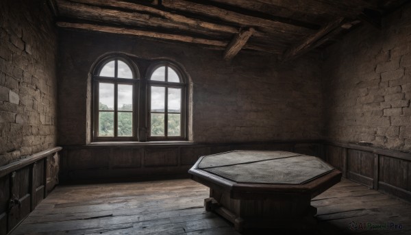 outdoors,sky,day,cloud,indoors,tree,no humans,window,chair,table,scenery,wooden floor,wall,brick wall,wooden chair,stairs,fantasy,ruins,stone wall,brick