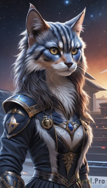 1girl,solo,breasts,long sleeves,animal ears,jewelry,closed mouth,standing,jacket,yellow eyes,upper body,outdoors,sky,artist name,signature,armor,fur trim,night,cat,slit pupils,brooch,gem,star (sky),night sky,furry,starry sky,furry female,body fur,white fur,whiskers,long hair,looking at viewer,skirt,brown eyes,cat ears,animal,shoulder armor,building,fur collar