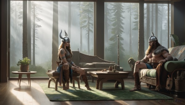 1girl,long hair,breasts,brown hair,1boy,bare shoulders,medium breasts,sitting,closed mouth,weapon,boots,food,horns,barefoot,day,sword,indoors,armor,tree,cup,pillow,window,muscular,facial hair,brown footwear,sandals,table,sunlight,helmet,plant,muscular male,nature,beard,armlet,forest,topless male,bow (weapon),realistic,potted plant,fake horns,bracer,teapot,chest hair,horned helmet,dark skin,tattoo,vase