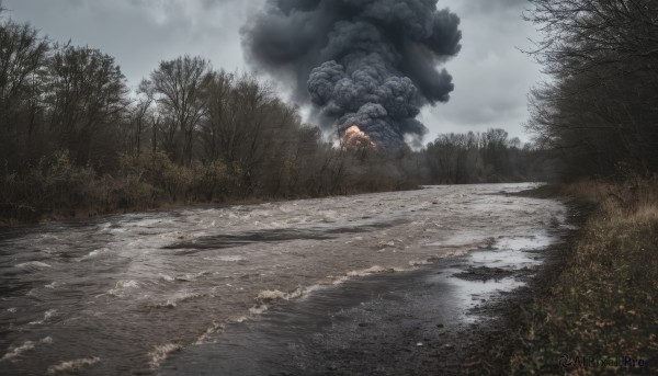 outdoors,sky,day,cloud,water,tree,no humans,cloudy sky,fire,nature,scenery,forest,smoke,reflection,river,fog,grey sky,grass