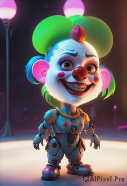 A clown surrounded by a serene dynamic scene