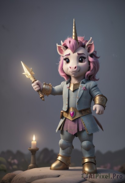 1girl,solo,looking at viewer,smile,skirt,1boy,holding,animal ears,brown eyes,jewelry,closed mouth,standing,jacket,full body,weapon,pink hair,male focus,pleated skirt,boots,horns,belt,artist name,medium hair,holding weapon,armor,blurry,blurry background,colored skin,knife,gem,clenched hand,furry,single horn,pink skirt,holding knife,candle,dagger,long sleeves,tail,horse ears,rock,furry female,armored boots,furry male,hooves