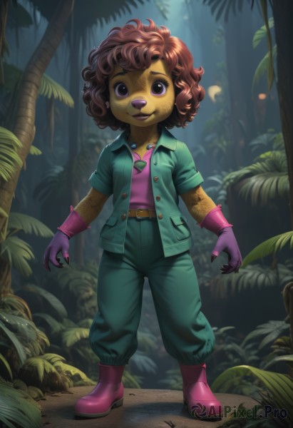 1girl,solo,looking at viewer,smile,short hair,open mouth,brown hair,shirt,gloves,navel,jewelry,standing,purple eyes,jacket,full body,short sleeves,boots,outdoors,open clothes,belt,pants,artist name,signature,dark skin,necklace,flat chest,open jacket,dark-skinned female,tree,buttons,blurry background,colored skin,ring,thick eyebrows,messy hair,child,nature,claws,furry,forest,curly hair,pocket,belt buckle,green shirt,furry female,pink footwear,purple shirt,female child,purple gloves,pink gloves,green pants,bangs,collarbone,earrings,teeth,collared shirt,fingernails,leaf,watermark,wavy hair,grass,plant,web address,buckle,freckles,pink shirt,purple footwear,animal nose