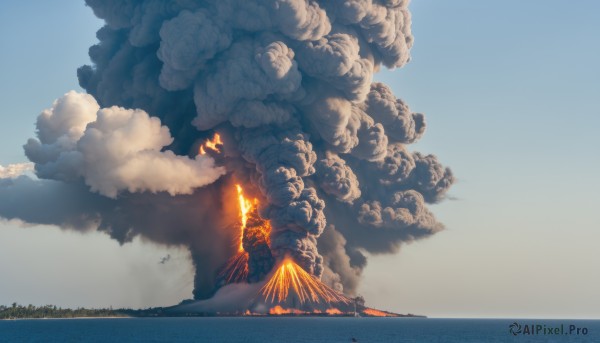 outdoors,sky,day,cloud,water,blue sky,no humans,ocean,cloudy sky,fire,building,scenery,smoke,aircraft,horizon,explosion,burning,solo,holding,standing,weapon,sword,holding weapon,bird,holding sword,mountain,fantasy,giant,landscape