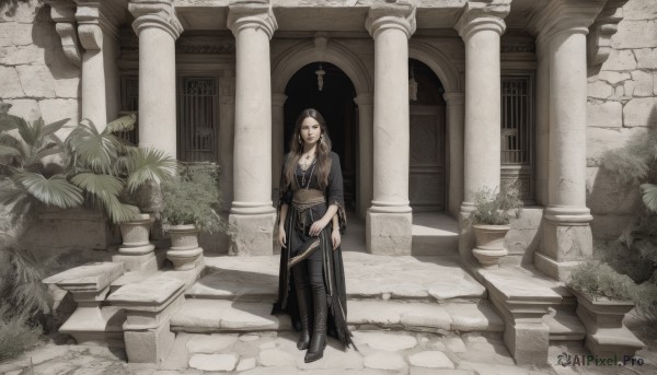 1girl,solo,long hair,breasts,looking at viewer,black hair,thighhighs,long sleeves,dress,holding,cleavage,jewelry,medium breasts,closed mouth,standing,full body,weapon,earrings,boots,indoors,necklace,black footwear,black dress,high heels,sash,shadow,thigh boots,knee boots,plant,stairs,arms at sides,potted plant,wide shot,pillar,arch,column,brown hair,scenery