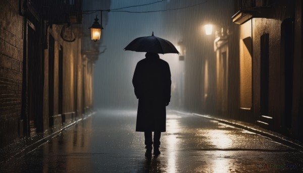 solo,1boy,holding,standing,male focus,boots,outdoors,from behind,blurry,coat,night,umbrella,building,scenery,1other,walking,rain,holding umbrella,city,light,road,dark,lamppost,street,alley,sky,water,depth of field,blurry background,reflection,wide shot,black umbrella