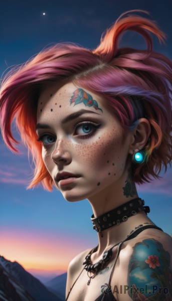 1girl,solo,breasts,looking at viewer,short hair,blue eyes,bare shoulders,jewelry,upper body,pink hair,red hair,multicolored hair,earrings,small breasts,outdoors,sky,choker,artist name,necklace,mole,collar,lips,eyelashes,tattoo,makeup,piercing,tank top,ear piercing,portrait,eyeshadow,freckles,sunset,mountain,realistic,nose,eyeliner,arm tattoo,shoulder tattoo,mascara,sunrise,neck tattoo,cleavage,from side,night,facial mark,moon,feathers,facial tattoo