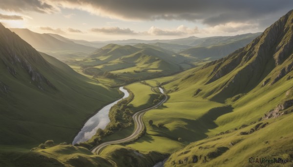 outdoors,sky,day,cloud,tree,no humans,animal,cloudy sky,grass,nature,scenery,forest,mountain,fantasy,dragon,field,landscape,mountainous horizon,hill,road