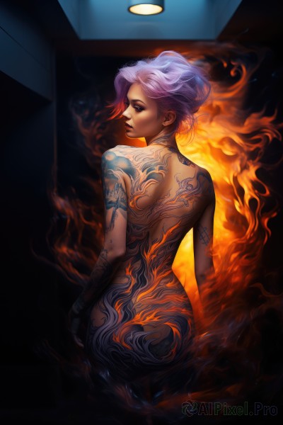 1girl,solo,short hair,standing,closed eyes,purple hair,ass,nude,looking back,artist name,indoors,from behind,tattoo,makeup,back,fire,nose,arm tattoo,back tattoo,full-body tattoo,looking at viewer,jewelry,pink hair,earrings,lips