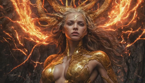 1girl,solo,long hair,breasts,looking at viewer,blonde hair,large breasts,brown hair,cleavage,brown eyes,medium breasts,upper body,parted lips,horns,artist name,armor,lips,makeup,floating hair,glowing,watermark,fire,breasts apart,web address,realistic,nose,fantasy,gold armor,facial mark,shoulder armor,dragon horns,forehead mark,center opening,electricity,gold,lightning