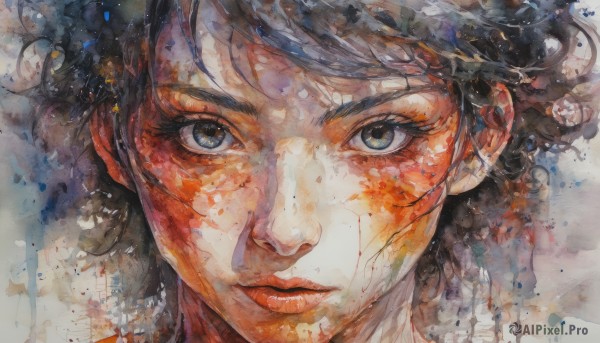 1girl,solo,looking at viewer,short hair,bangs,blue eyes,brown hair,black hair,closed mouth,black eyes,lips,eyelashes,blood,scar,traditional media,portrait,blood on face,realistic,nose,painting (medium),watercolor (medium),close-up,freckles