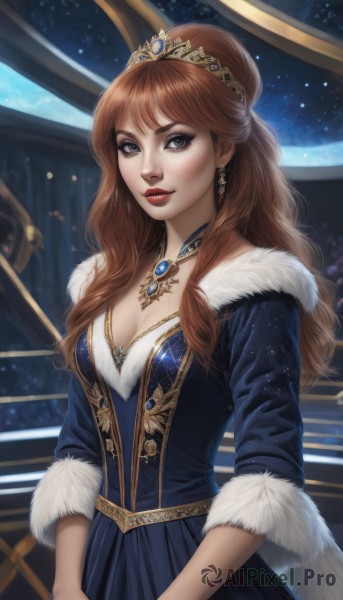 1girl,solo,long hair,breasts,looking at viewer,smile,blue eyes,brown hair,dress,cleavage,jewelry,medium breasts,earrings,parted lips,choker,necklace,blurry,lips,fur trim,makeup,blue dress,watermark,tiara,crown,lipstick,gem,red lips,bangs,upper body,artist name,nail polish,grey eyes,eyeshadow,stairs,realistic