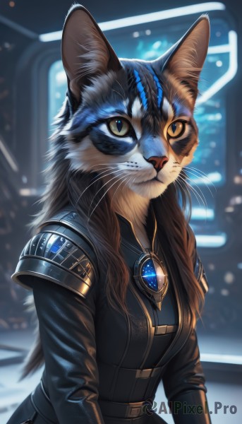 1girl,solo,long hair,breasts,looking at viewer,brown hair,long sleeves,animal ears,brown eyes,jewelry,closed mouth,yellow eyes,upper body,belt,artist name,cat ears,signature,armor,blurry,black jacket,blurry background,cat,slit pupils,brooch,shoulder armor,gem,furry,colored sclera,furry female,animal nose,whiskers,blue gemstone,yellow sclera