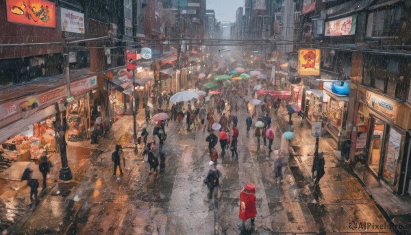 multiple girls,hat,holding,jacket,outdoors,multiple boys,bag,night,umbrella,ground vehicle,building,scenery,motor vehicle,reflection,walking,rain,6+boys,holding umbrella,city,sign,chinese text,car,road,cityscape,lamppost,street,crowd,puddle,traffic light,people,pavement,crosswalk,real world location,6+others,sidewalk,traffic cone,storefront,traditional media,multiple others,ambiguous gender,shop,cyberpunk,vanishing point