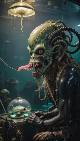 solo,long hair,open mouth,brown hair,jewelry,yellow eyes,teeth,tongue,tongue out,bracelet,from side,no humans,saliva,ring,robot,sharp teeth,tentacles,1other,science fiction,monster,watch,underwater,cable,leather,cyborg,long tongue,alien,leather jacket,1boy,male focus,shiny,colored skin,colored sclera,green skin,jellyfish