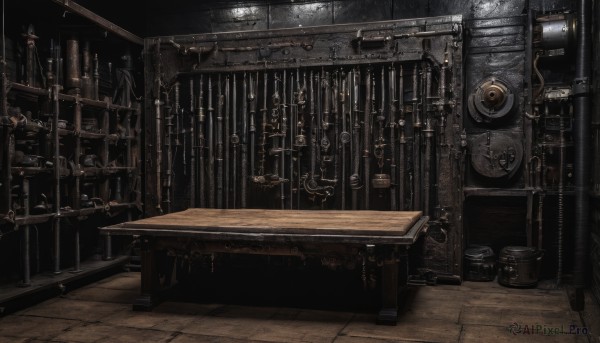 indoors,no humans,chair,table,scenery,wooden floor,barrel,industrial pipe,steampunk,crate,weapon,sword,chain,stairs,fantasy,door,clock,candle,still life