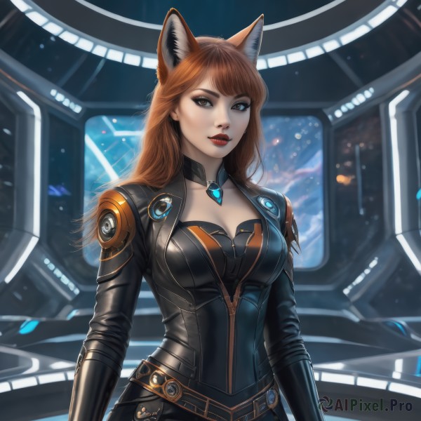 1girl,solo,long hair,breasts,looking at viewer,bangs,large breasts,brown hair,animal ears,cleavage,brown eyes,medium breasts,parted lips,belt,lips,fox ears,bodysuit,makeup,lipstick,science fiction,black bodysuit,red lips,eyeliner,space,jewelry,artist name,fox girl,realistic