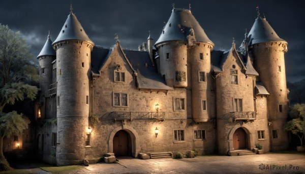 HQ,outdoors,sky,cloud,tree,no humans,window,night,cloudy sky,building,night sky,scenery,stairs,road,house,lamppost,castle,tower,path,church,arch,plant,lantern,fantasy,light,bush,architecture