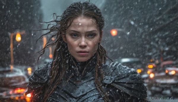 1girl,solo,long hair,looking at viewer,blue eyes,brown hair,upper body,outdoors,parted lips,armor,blurry,lips,wet,blurry background,ground vehicle,shoulder armor,motor vehicle,snow,rain,pauldrons,breastplate,snowing,realistic,car,wet hair,black hair,braid,grey eyes,depth of field,scar,wind,portrait,scar on face