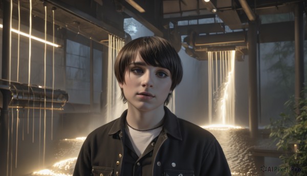 1girl,solo,looking at viewer,short hair,bangs,brown hair,shirt,black hair,brown eyes,jacket,white shirt,upper body,parted lips,indoors,black eyes,lips,black jacket,window,buttons,sunlight,plant,scenery,pocket,realistic,nose,breast pocket,leather,leather jacket,blue eyes,jewelry,closed mouth,earrings,open clothes,water,necklace,open jacket,tree,swept bangs,unbuttoned,denim jacket