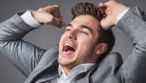 solo,looking at viewer,short hair,open mouth,blue eyes,simple background,brown hair,shirt,long sleeves,1boy,jacket,white shirt,upper body,male focus,necktie,teeth,collared shirt,signature,grey background,arms up,gradient background,dress shirt,facial hair,upper teeth only,parody,formal,suit,portrait,meme,realistic,grey jacket,mustache,stubble,black hair,open clothes,tongue,artist name,denim jacket