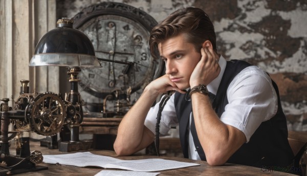 solo,brown hair,shirt,1boy,brown eyes,sitting,white shirt,upper body,short sleeves,male focus,necktie,collared shirt,indoors,vest,facial hair,chair,table,desk,watch,head rest,black vest,paper,realistic,clock,wristwatch,lamp,pocket watch,desk lamp,corded phone,elbows on table,long hair,braid,signature,single braid,phone,pen,gears,steampunk