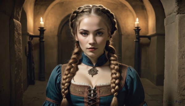 1girl,solo,long hair,breasts,looking at viewer,blue eyes,blonde hair,brown hair,dress,cleavage,jewelry,medium breasts,upper body,braid,earrings,parted lips,choker,puffy sleeves,indoors,twin braids,lips,grey eyes,makeup,blue dress,lipstick,hair over shoulder,forehead,realistic,nose,red lips,candle,hair pulled back,pillar,church,candlelight,lace