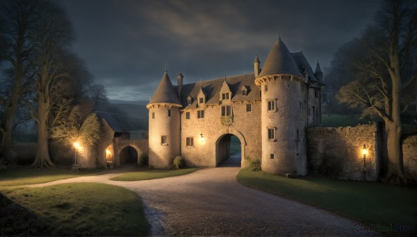 HQ,outdoors,sky,cloud,tree,no humans,night,cloudy sky,grass,building,nature,night sky,scenery,forest,lantern,road,house,lamppost,bare tree,castle,tower,path,church,fantasy,bush,arch