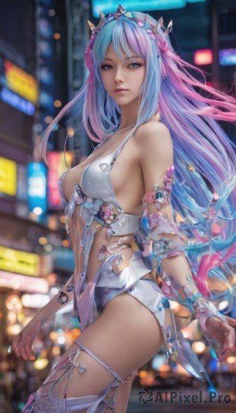 1girl,solo,long hair,breasts,looking at viewer,bangs,blue eyes,hair ornament,thighhighs,cleavage,bare shoulders,medium breasts,blue hair,pink hair,ass,multicolored hair,cowboy shot,blurry,two-tone hair,leotard,lips,gradient hair,depth of field,blurry background,facial mark,revealing clothes,realistic,jewelry,very long hair,closed mouth,standing,swimsuit,purple hair,small breasts,outdoors,artist name,signature,from side,sideboob,night,watermark,tiara,gem,armlet,science fiction,nose,cyberpunk