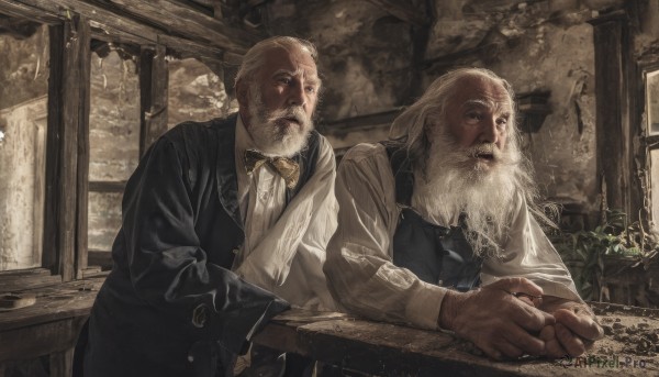 shirt,gloves,long sleeves,bow,jacket,white shirt,upper body,white hair,male focus,multiple boys,indoors,2boys,bowtie,looking at another,vest,leaning forward,facial hair,formal,table,plant,beard,yellow bow,black vest,realistic,mustache,bald,manly,old,yellow bowtie,old man,traditional bowtie,wrinkled skin,long hair,blonde hair,jewelry,sitting,closed mouth,collared shirt,grey eyes,scar,own hands together,robe,brown bow,brown bowtie