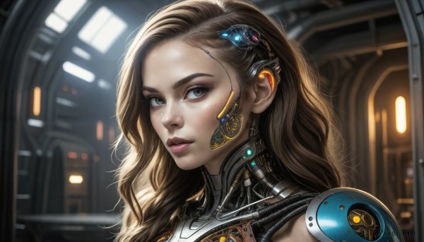 HQ,1girl,solo,long hair,looking at viewer,brown hair,hair ornament,brown eyes,indoors,blurry,lips,grey eyes,makeup,blurry background,headgear,wavy hair,portrait,forehead,science fiction,realistic,nose,android,cable,cyborg,cyberpunk,green eyes,upper body,parted lips,armor,from side,eyelashes,depth of field,close-up,eyeshadow,headset,backlighting,pink lips,eyeliner,earpiece