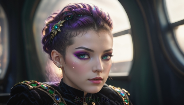 1girl,solo,looking at viewer,short hair,hair ornament,jewelry,closed mouth,green eyes,purple hair,earrings,artist name,indoors,mole,blurry,lips,eyelashes,mole under eye,window,makeup,blurry background,lipstick,gem,portrait,eyeshadow,freckles,realistic,nose,red lips,eyeliner,hair pulled back,mascara,green gemstone,blush,blue eyes,black hair,braid,aqua eyes,backlighting