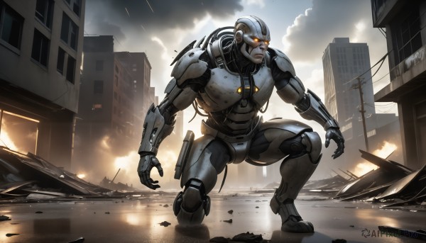 HQ,solo,1boy,weapon,male focus,outdoors,sky,cloud,armor,no humans,glowing,cloudy sky,robot,building,mecha,glowing eyes,smoke,science fiction,city,realistic,cable,one knee,ruins,cyborg,damaged,power armor,debris,dust,orange eyes,squatting,rain,road,power lines,street,utility pole,cyberpunk