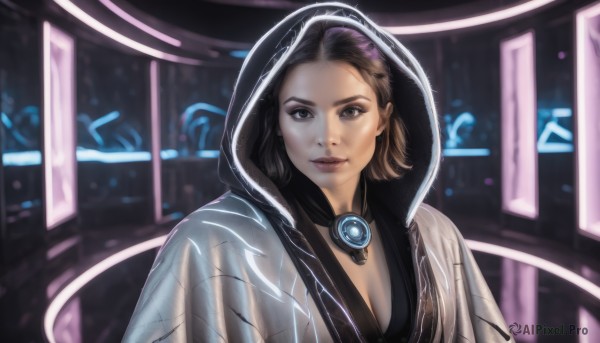 1girl,solo,breasts,looking at viewer,smile,short hair,brown hair,black hair,cleavage,brown eyes,jewelry,medium breasts,closed mouth,upper body,hood,blurry,lips,blurry background,hood up,science fiction,realistic,nose,neon lights,necklace,black eyes,forehead,cyberpunk,hologram