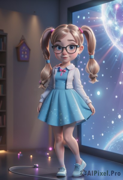 1girl,solo,long hair,looking at viewer,smile,blue eyes,blonde hair,brown hair,hair ornament,long sleeves,dress,bow,ribbon,twintails,standing,jacket,full body,open clothes,shoes,glasses,artist name,indoors,bowtie,lips,book,window,blue dress,standing on one leg,cardigan,pink bow,sneakers,child,freckles,black-framed eyewear,blue footwear,skirt hold,nose,hair tie,bookshelf,female child,white cardigan,skirt,blurry,blue skirt,blurry background,thick eyebrows,aged down,no socks