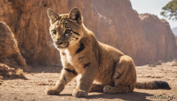 solo,looking at viewer,full body,outdoors,day,blurry,black eyes,tree,no humans,blurry background,shadow,animal,cat,rock,realistic,animal focus,tiger,closed mouth,standing,sky,signature