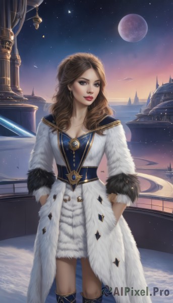 1girl,solo,long hair,breasts,looking at viewer,blue eyes,brown hair,dress,cleavage,jewelry,medium breasts,standing,earrings,boots,outdoors,sky,water,necklace,white dress,lips,coat,fur trim,makeup,night,moon,knee boots,lipstick,star (sky),night sky,full moon,starry sky,hands in pockets,white coat,red lips,watercraft,planet,ship,brown eyes,artist name,watermark,realistic,nose,fur,tower