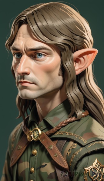 solo,long hair,blue eyes,simple background,brown hair,shirt,1boy,closed mouth,jacket,upper body,male focus,pointy ears,uniform,lips,military,military uniform,buttons,facial hair,elf,portrait,beard,green background,realistic,nose,green shirt,scar,scar on face,green jacket,manly