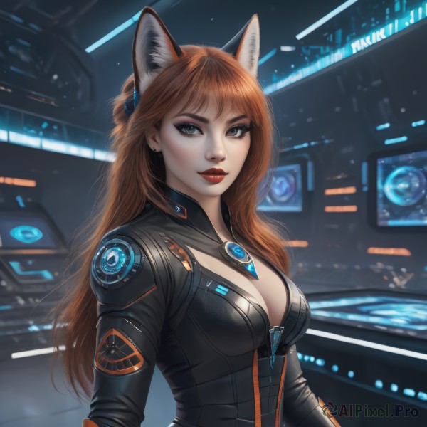 1girl,solo,long hair,breasts,looking at viewer,smile,bangs,large breasts,brown hair,animal ears,cleavage,brown eyes,jewelry,medium breasts,upper body,earrings,cat ears,orange hair,lips,grey eyes,fox ears,bodysuit,makeup,lipstick,freckles,science fiction,realistic,red lips,blue eyes,hair ornament,long sleeves,closed mouth,artist name,signature,blurry,eyelashes,fox girl,extra ears,eyeshadow,zipper,nose,black bodysuit,stud earrings,eyeliner,mascara