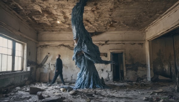 solo,short hair,shirt,black hair,long sleeves,1boy,standing,jacket,male focus,pants,indoors,black jacket,window,black pants,formal,suit,scenery,walking,monster,door,ruins,wide shot,crack,debris,rubble,cracked wall,broken window,rock,lamp,ceiling,hallway