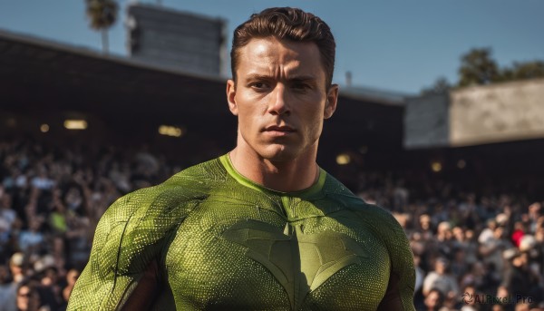 solo,looking at viewer,short hair,brown hair,shirt,black hair,1boy,brown eyes,closed mouth,upper body,male focus,outdoors,solo focus,blurry,bodysuit,muscular,blurry background,facial hair,pectorals,muscular male,meme,realistic,green shirt,crowd,photo background,green bodysuit,one eye closed,sky,day,night,bara,large pectorals,superhero