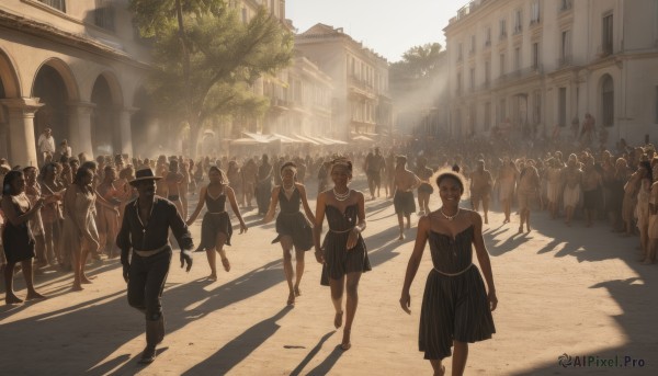 short hair,multiple girls,dress,bare shoulders,jewelry,outdoors,multiple boys,sleeveless,day,necklace,black dress,tree,shadow,6+girls,formal,sunlight,suit,building,scenery,walking,6+boys,city,road,street,crowd,people,skirt,hat,holding hands,bird,child,light rays,sunbeam,dove