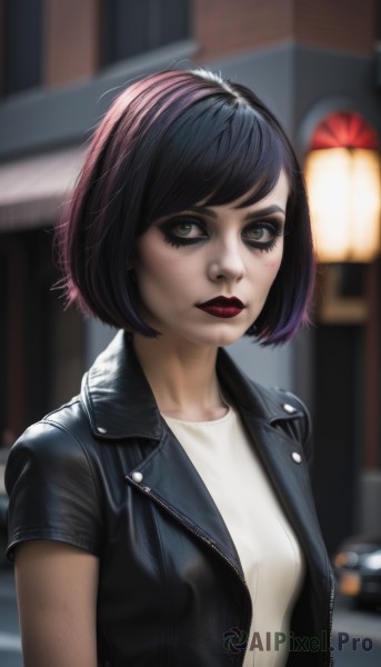 1girl,solo,breasts,looking at viewer,short hair,bangs,shirt,black hair,brown eyes,closed mouth,jacket,white shirt,upper body,short sleeves,small breasts,open clothes,artist name,blurry,black eyes,open jacket,lips,black jacket,eyelashes,makeup,depth of field,blurry background,swept bangs,bob cut,denim,lipstick,freckles,realistic,nose,red lips,leather,leather jacket,mascara,denim jacket,purple hair,outdoors,ground vehicle,t-shirt,motor vehicle,eyeshadow,eyeliner