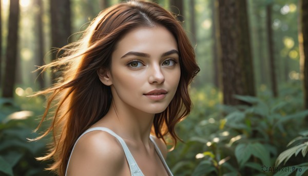 1girl,solo,long hair,looking at viewer,brown hair,bare shoulders,brown eyes,closed mouth,upper body,outdoors,day,blurry,lips,depth of field,blurry background,sunlight,tank top,plant,portrait,nature,forest,freckles,realistic,nose,smile,dress,green eyes,parted lips,tree,wind,bokeh