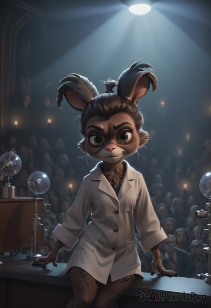 1girl,solo,looking at viewer,brown hair,shirt,black hair,long sleeves,animal ears,sitting,closed mouth,green eyes,standing,solo focus,indoors,rabbit ears,blurry,blurry background,thick eyebrows,no pants,furry,furry female,labcoat,animal nose,light bulb,smile,jacket,ponytail,multiple boys,tattoo,table,feathers,microphone,backlighting,rabbit girl,furry male,body fur,crowd,brown fur,stage,electric fan,spotlight,people