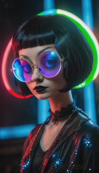 1girl,solo,looking at viewer,short hair,bangs,blue eyes,black hair,dress,jewelry,collarbone,upper body,glasses,choker,artist name,blunt bangs,necklace,blurry,lips,eyelashes,makeup,blurry background,watermark,black choker,sunglasses,bob cut,lipstick,web address,eyeshadow,nose,round eyewear,tinted eyewear,purple lips,mascara,black lips,blue-tinted eyewear,purple-tinted eyewear,jacket,parted lips,halo