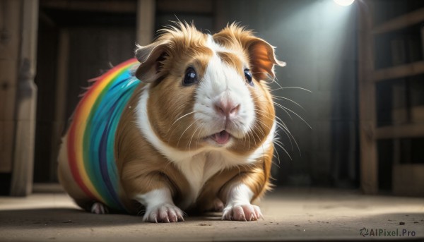 HQ,solo,looking at viewer,blue eyes,full body,outdoors,tongue,indoors,tongue out,blurry,black eyes,no humans,blurry background,animal,sunlight,cat,claws,light rays,realistic,animal focus,rainbow,whiskers,lion,open mouth,standing,spotlight,alley