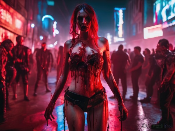 1girl,long hair,breasts,black hair,navel,cleavage,bare shoulders,medium breasts,underwear,standing,red hair,cowboy shot,outdoors,multiple boys,solo focus,belt,bra,blurry,blood,night,blurry background,chain,faceless,blood on face,city,blood on clothes,zombie,blood splatter,faceless female,blood on hands,crowd,cyberpunk,neon lights,6+others,panties,strapless,facing viewer,walking,rain,realistic,road,dripping,multiple others,street,crosswalk